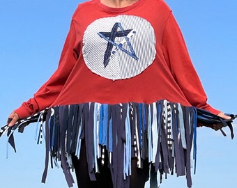 Tassel Top Red and Blue Unique Tunic Top Sustainable fashion Statement Top Upcycled Red Tunic top