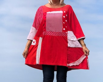 Red Patchwork Tunic Dress, Upcycled Boho Cotton Wearable Art