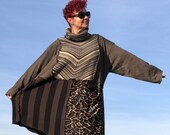 Brown Sweaterdress Plus Size Unique Beige Striped Handmade Turtleneck Warm Cosy Oversized Dress with Pockets Leopard Print Neutral Tunic