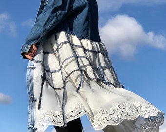 Blue Denim Lace Jacket Oversized Denim Coat Unique Handmade Fluttering Flowy Vintage Lace White Sheer Bottom Plus-Size Duster Mantil Fall