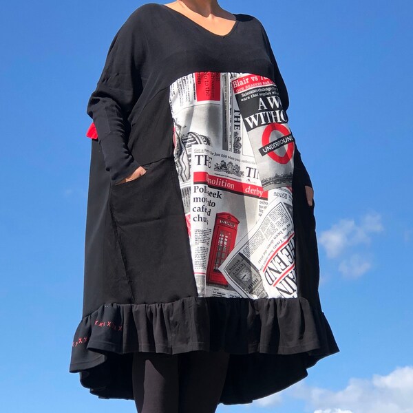 Black Midi Dress with Pockets - Comfy Elegant Plus-Size Red Ruffles Cosy Oversized Newspaper Print Long Sleeve Tunic Handmade Unique Eco