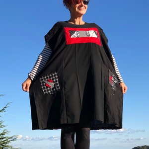 Lovely in Black :) Plus Size Tunic Dress Oversized Loose Fit Upcycled Clothing Zero Waste Patchwork Black Red Comfy Short Sleeve Top