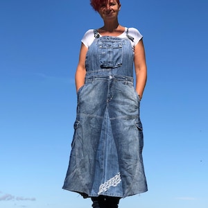 Denim Long Pinafore Skirt :) M-Size Shabby Chic Blue Jeans Boho Hippy Upcycled Clothes Overall Lace Details Eco Friendly Funky Art Vintage
