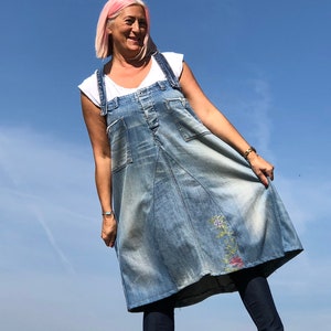 Shabby Denim Pinafore Long Skirt Plus Size Upcycled Two Purpose Fashion Unique Jean Denim Floral Pattern Blue Apron Dress Straps Tank Tunic