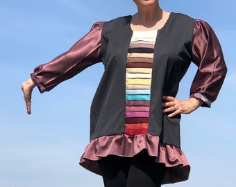 Upcycled Satin Tunic Top: Handmade Ombre Rainbow Blouse, Ruffle Hem