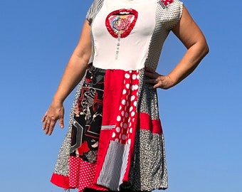 Rock’n’roll Style Polka dots Tunic Dress UpcycledComfy Stretchy Unique Patchwork summer One of a kind  red white Sequins