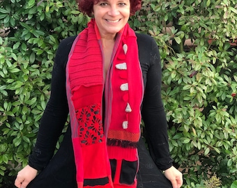 Unique Gift for Women, Patchwork Scarf with Pocket, Double Layered Warm Scarf, Eco-Friendly, Unique Handcrafted Scarf, Upcycled Wool