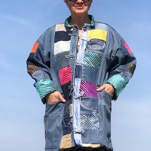 Find Your Inner Child Denim Jacket - Colorful Bust 50 Patchwork Unique Handmade Upcycled Organic Funky Velvet-Lined Coat