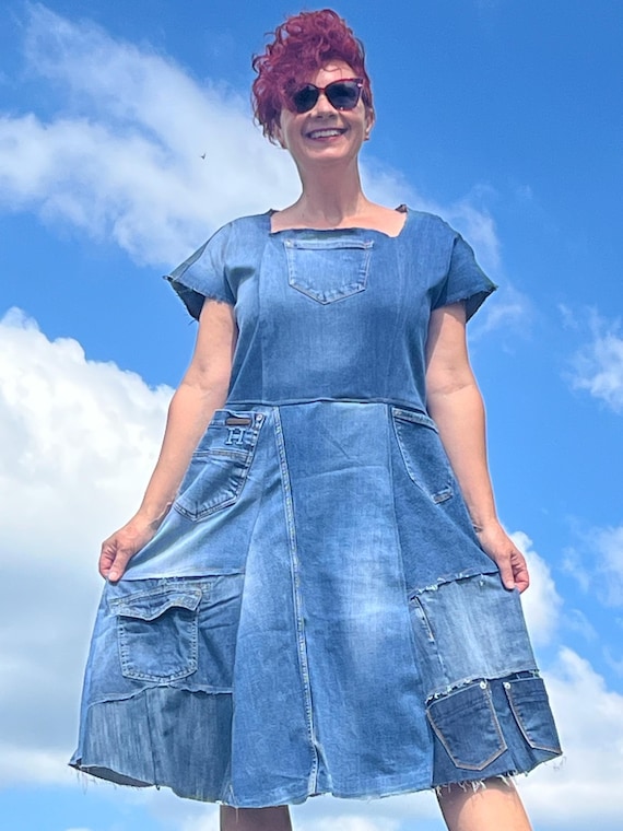 Reserved Upcycled Denim Patchwork Dress: Handmade Sleeveless Jean Dress,  Plus Size - Etsy Ireland