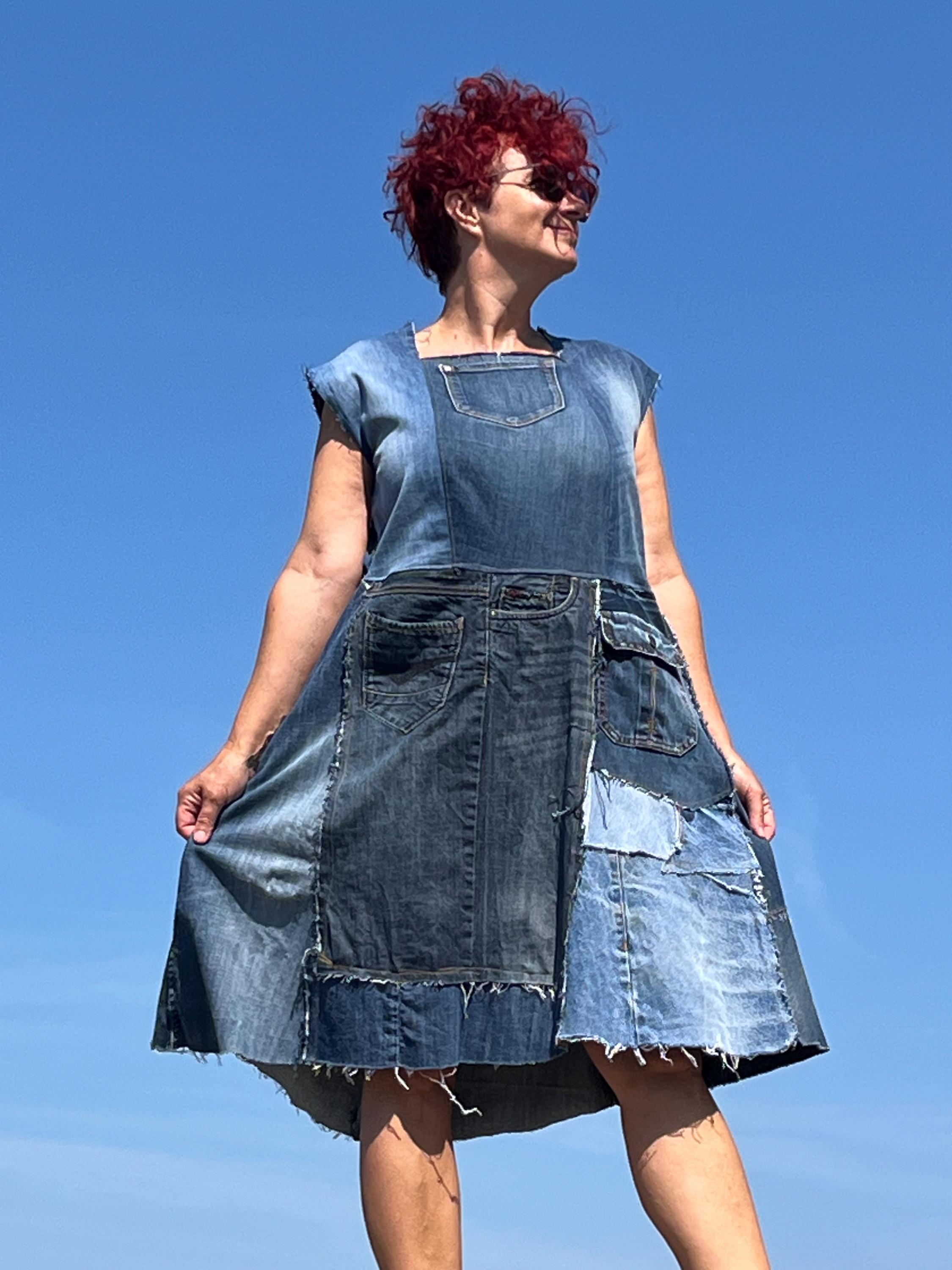 Wow! Bust 44 Strechy Blue Denim Distressed Jean Dress Sleeveless