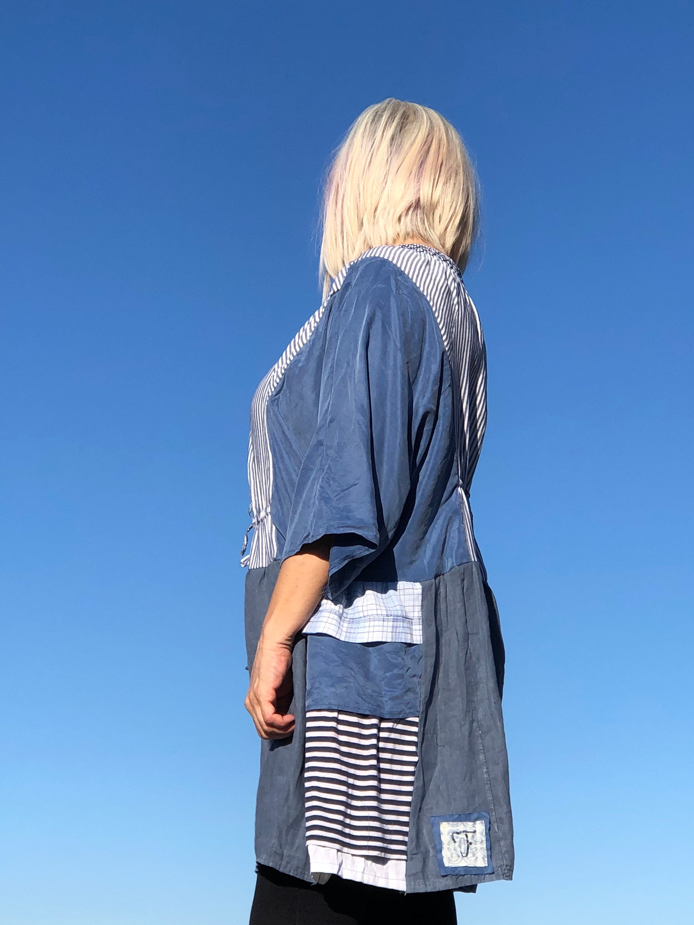 Azul azul marino rayas patchwork patrón vestido túnica única | Etsy