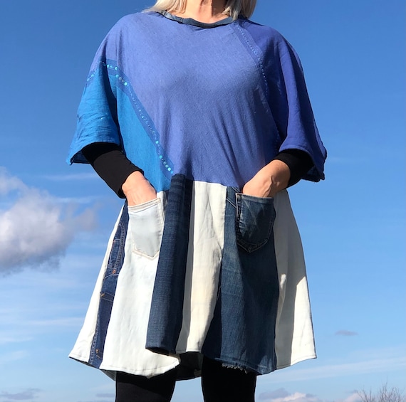 Plus Size Denim Patchwork Tunic Dress - Upcycled Blue Cotton, Handmade