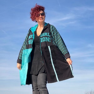 Corduroy Black/Blue Patchwork Jacket Zipper Hooded Pockets Free-Size Unique Handmade Organic Upcycled Materials Striped Pattern Word Print