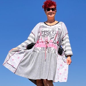 Parijs Babydoll stijl jurk roze grijs zacht pastel roze grijs patchwork comfortabele casual tuniekjurk plus size glutter dots girly jurk Eco