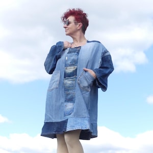Upcycled Denim Patchwork Dress, Bust 56, Plus Size Handmade Jean Dress