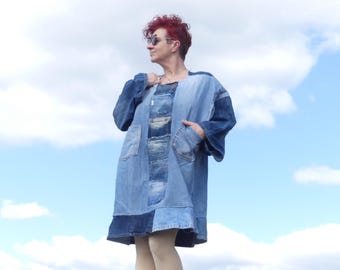 Bust 60 Blue Denim Feminine Distressed Jean Dress Sleeveless Patchwork Plus  Size Pockets Upcycled Handmade Unique Patchwork Minimalist - Etsy