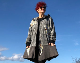 Grey Plus-Size Felt Jacket/Sweatshirt Unique Woman’s One-Size Cardigan Upcycled Cartoon Print Statement Coat Warm Zero-Waste Clothing