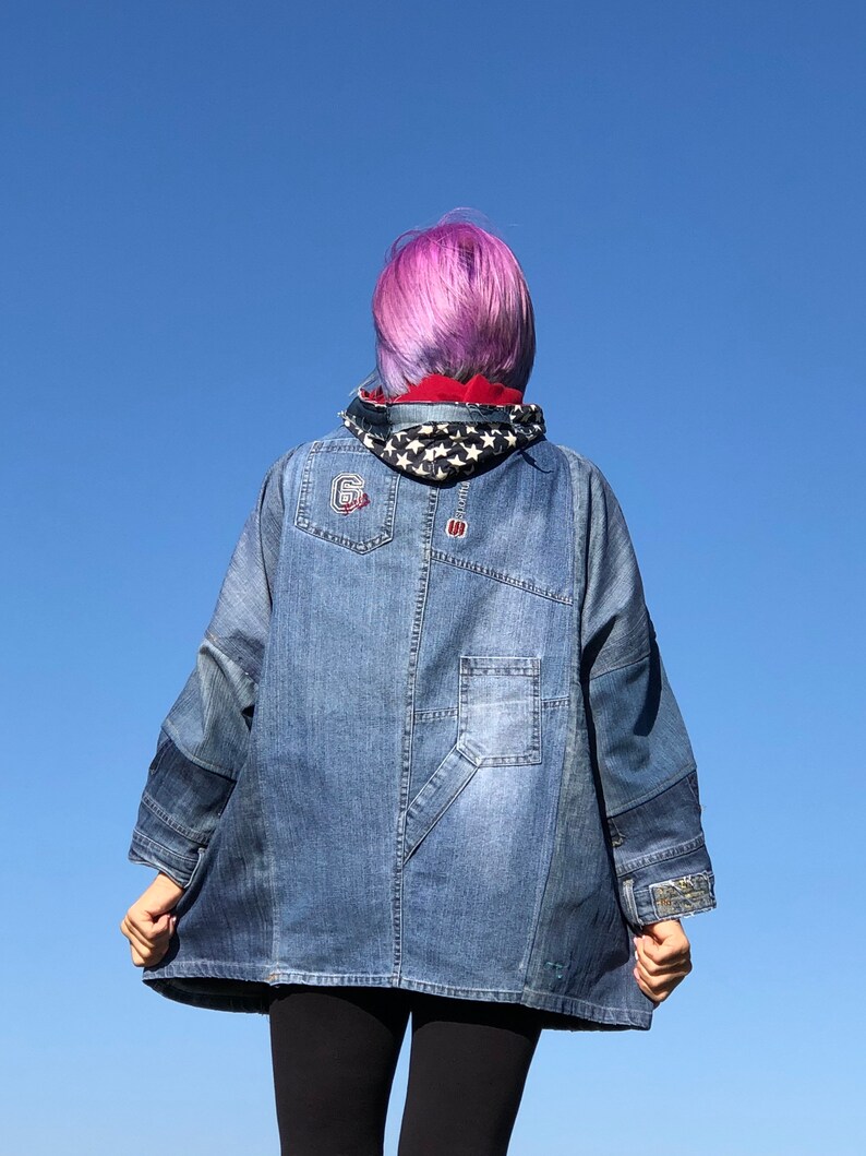 Style hooded patchwork  tunics for women denim blue Plus Size Clothing outwear