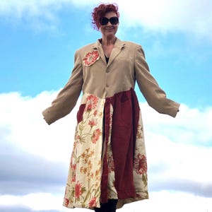 Feminine Elegant Beige/Burgundy All-Sizes Winter Coat Floral Pattern Roses Bow Corduroy Warm Duster Long Coat for Women Unique Handmade Eco