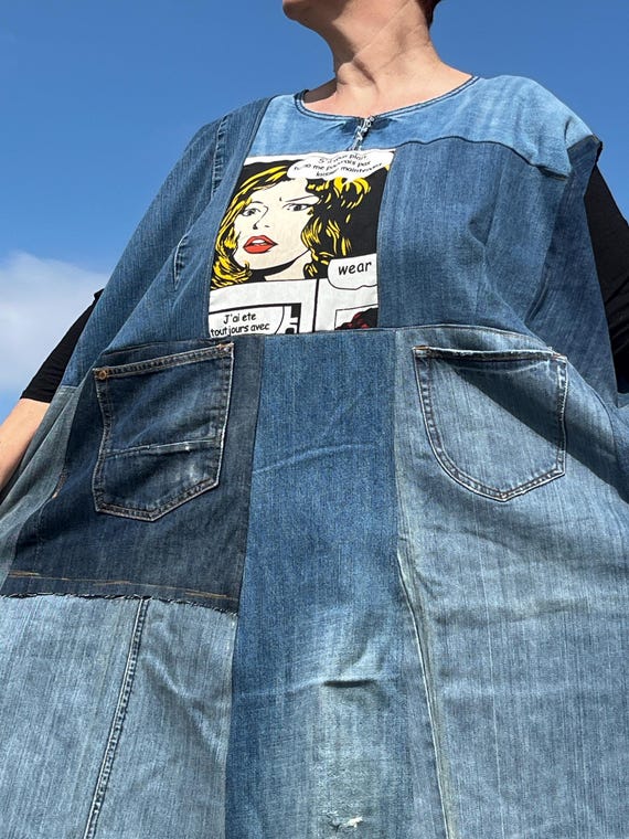Fall in Love With This Distressed Jean Dress Bust 62 Strechy Blue Denim  Cotton Print Sleeveless Patchwork Pockets Upcycled Handmade Unique - Etsy