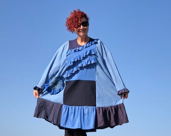 Blue Patchwork Tunic Dress: Handmade Upcycled Ruffle Clothing