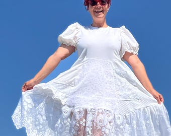 White Embroidered Patchwork Dress, Ruffle Lace, Upcycled Art to Wear