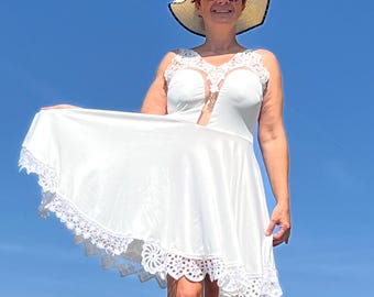 Handmade White Lace Patchwork Dress: Upcycled Boho Art to Wear