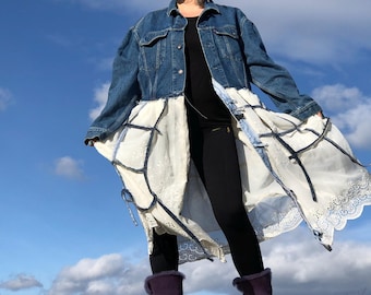Oversized Denim Duster Jacket, Bust 50, Handmade Lace, Plus Size