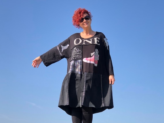 Girl Power Black Comfy Plus-size Dress Skater Dog Glitter Word Print Black  Denim Bottom Pockets Unique Handmade All Black Funky Upcycled - Etsy