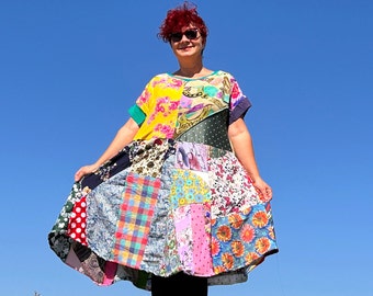 Multicolor Plus-Size Patchwork Dress - Unique Upcycled Sustainable One-of-a-Kind All Colors Handmade for Women Flowers Statement Clothes