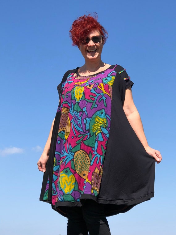 Plus Size Comfy Soft Autumn Unique Womans Dress Short Sleeve Black &  Colorful Multicolor Flowy Stretchy Handmade Tunic Upcycled Fish Print -   Canada