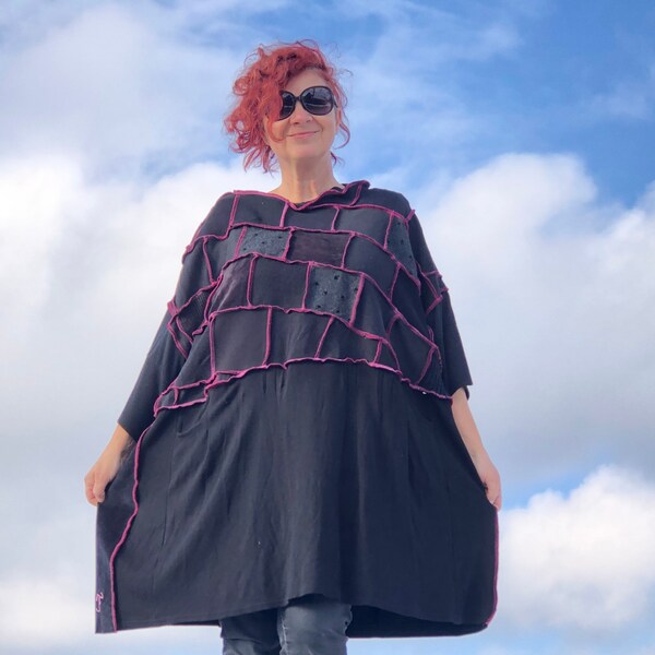 Minimalist Black Winter Dress Long Sleeve Pink Visible Stitch Plus Size Unique Patchwork Upcycled Organic Tunic Cosy Casual Handmade Pocket