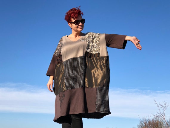 Brown Plus-Size Funky Patchwork Dress - Floral Pattern Mini Dress Tunic Upcycled Unique Handmade Quirky Fall Satin/Cotton Cat-Print Eco Brown Plus-Size Funky Patchwork Dress - Floral Pattern Mini Dress Tunic Upcycled Unique Handmade Quirky Fall Satin/Cotton Cat-Print Eco