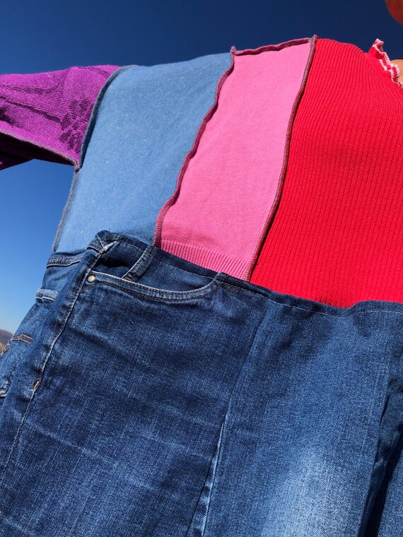 rainbow plus size denim dresses Rainbow Top Blue Denim Patchwork Plus-Size Dress with Pocket Handmade Upcycled Clothing Unique Tunic Funky Fashion Colorful Design Eco Dress