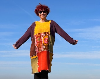 Orange & Gelb Blumen Muster Patchwork Plus Size Wolle und Baumwolle Strick Kleid Einzigartiges Handgemachtes Pulloverkleid Warme Kuschelige Winter Tunika
