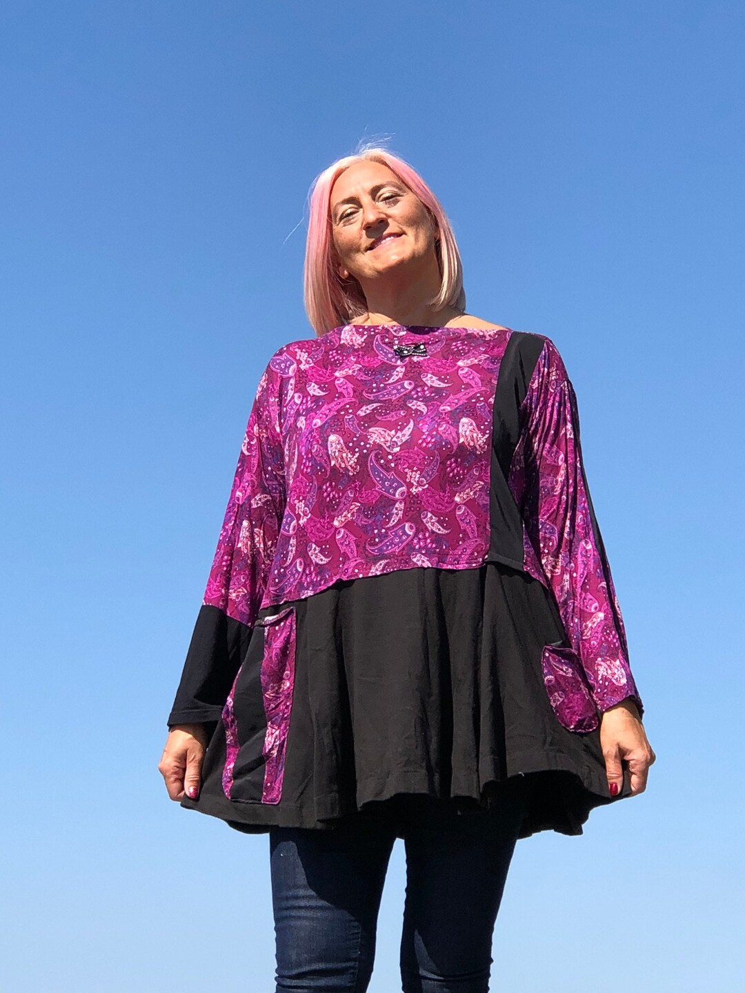 Robe Tunique Bohème Taille Plus – Imprimé Paisley Mauve – Taille 1X, 2X, 3X – 100% Polyester