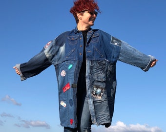 Blue Distressed Denim Jacket/Coat Plus-Size/One-Size Vintage Denim Duster Patches on Denim Blue/Red Spring Coat Unique Oversized