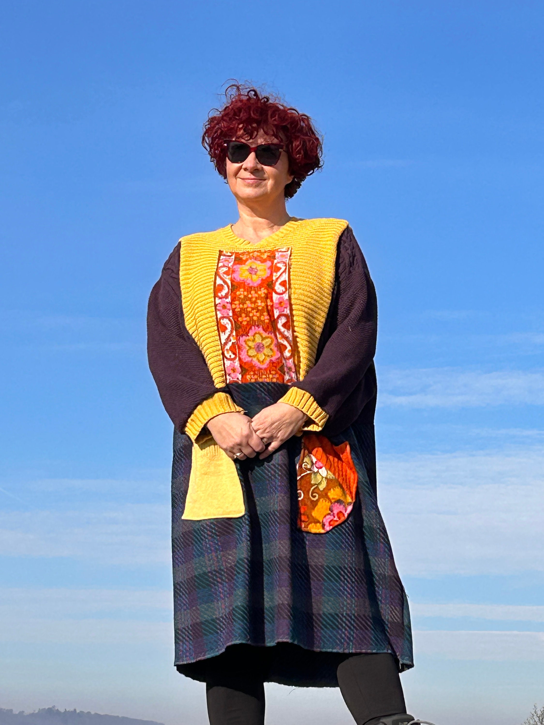 patchwork knit dress Sweaterdress: Upcycled Floral Wool Cotton One Size Comfy and Warm Winter Dress With Pockets Cute Gift