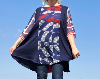 Silk Plus-Size Abstract Pattern Tunic Unique Handmade Upcycled Clothing Navy Blue White Red Sheer Sleeves Lightweight Spring Summer Dress