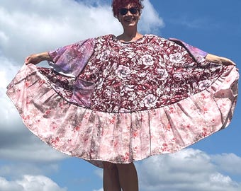 Floral Ruffle Dress – Upcycled Patchwork, Plus Size Tunic