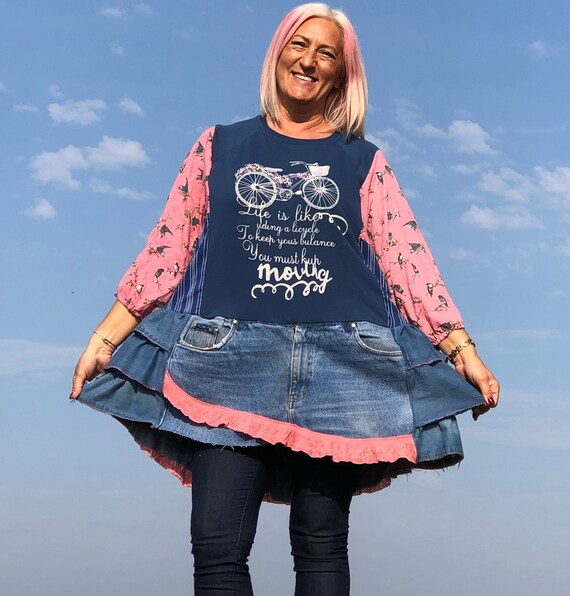 Upcycled Denim Patchwork Tunic Dress: Plus-size Boho Art to Wear Pink and  Denim Combo - Etsy