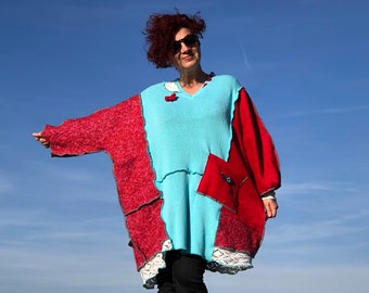 Handmade Patchwork Tunic Dress, Upcycled Boho Colorblock Design