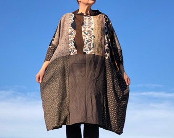Plus-Size Patchwork Midi Dress: Handmade Upcycled Boho Tunic with Pockets