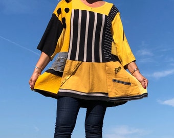 Pom Pom Dress One-of-a-Kind Funky Boho Wool Tunic Handmade Striped Unique Sweaterdress Plus-Size Upcycled Yellow Polka Dot Patchwork Top