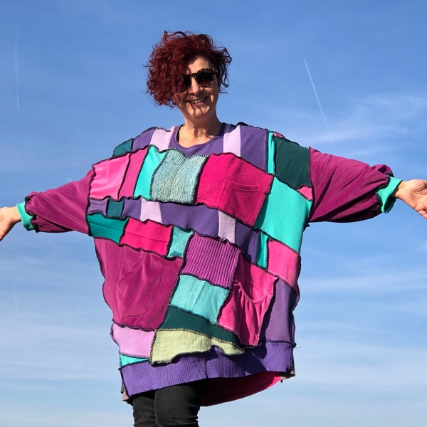 Warm Plus Size Dress for Winter Women Unique Handmade Upcycled Pink Purple Blue Sweaterdress Green Square Patchwork sustainable Knit Dress