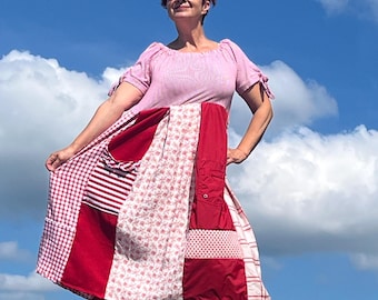 Red Patchwork Tunic Dress: Upcycled Cotton Boho Wearable Art