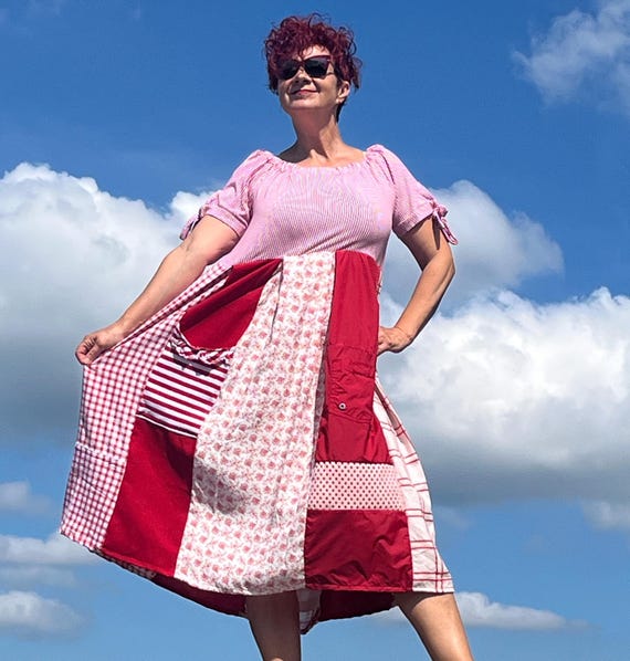 red patchwork dress Red Patchwork Tunic Dress: Upcycled Cotton Boho Wearable Art