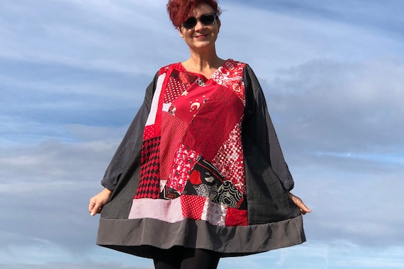 Plus Size Patchwork Tunic Dress - Upcycled Handmade Red Statement Clothes