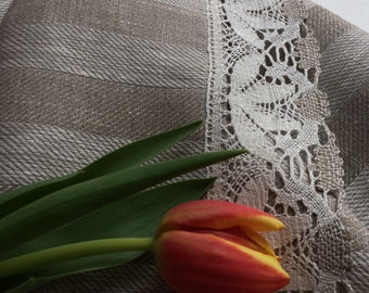 Striped Linen Kitchen Towel with Fine and Beautiful Linen Lace - Rustic Style - Kitchen Linen
