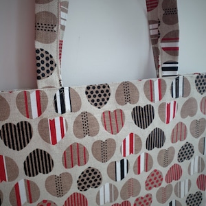 Linen Cotton Tote Bag: Heart Print Shopping Bag